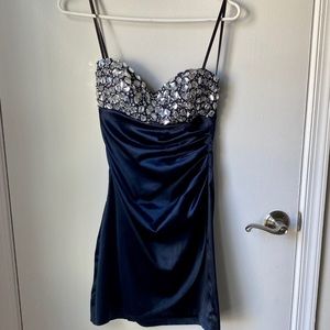B. Smart Strapless Navy Satin Dress with Gems
